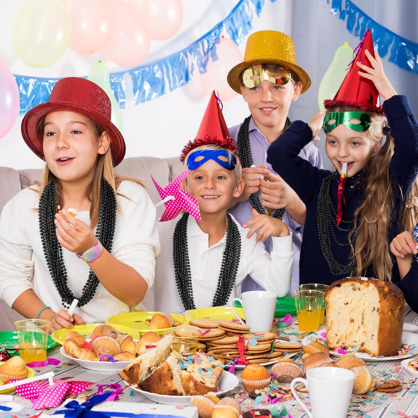 50PCS Bead Necklace, Black Mardi Gras Bead Necklace Party Favors, 33" Metallic Halloween Round Beaded Bulk, Festival Parade Throw Accessories for Mardi Gras Carnival Halloween Party Supplies Decor