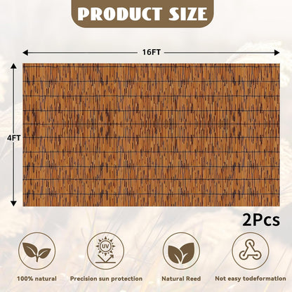 Bamboo Reed Fencing, Light Russet Bamboo Fence Rolls 4 Feet High, Decorative Reed Screen Privacy Curtains for Patio Balcony Garden Backyard Outdoor, 4 x 16 FT (2 Pcs)