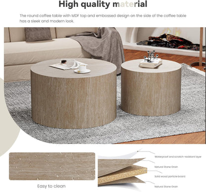 Round Nesting Coffee Table, Drum Wood Coffee Table Set of 2 Travertine-Color, Modern Nesting Tables Circle Center Table 2 Piece for Small Spaces Living Room Bedroom Balcony Office, No Assembling