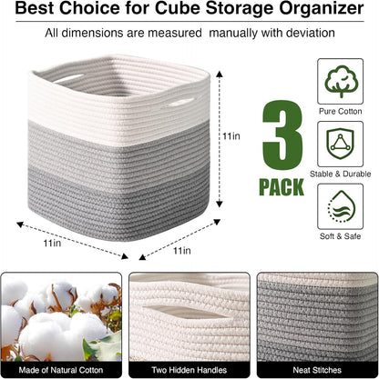11 Inch Cube Storage Bins, Storage Cube Organizer Bins, Woven Cotton Rope Basket for Storage, Storage Baskets for Organizing Shelves, Grey Baskets for Toys, Gradient Grey (Pack of 3)