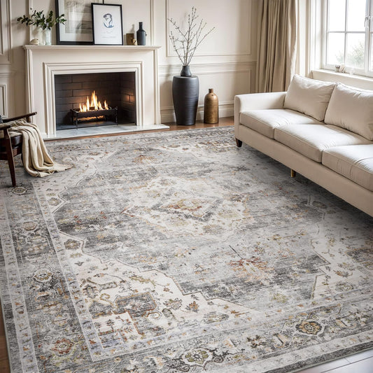 AMOAMI-Area Rug 8X10 Rugs for Living Room-Vintage Soft Grey Rugs for Bedroom-Non Slip Carpet-Washable Rug for Dining Room Living Room Bedroom Office Under Table