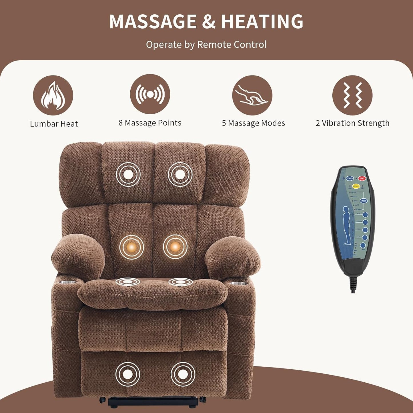 Dual Motor Power Lift Recliner Chair for Elderly,Electric Lift Chair with Adjustable Headrest, Heat and Massage,Lay Flat Recliner with Cup Holders,USB Ports,Type C,Zero Gravity, Brown