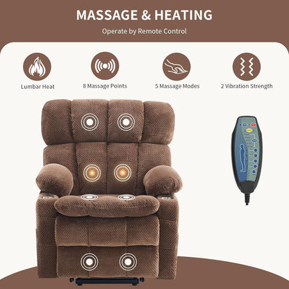 Dual Motor Power Lift Recliner Chair for Elderly,Electric Lift Chair with Adjustable Headrest, Heat and Massage,Lay Flat Recliner with Cup Holders,USB Ports,Type C,Zero Gravity, Brown