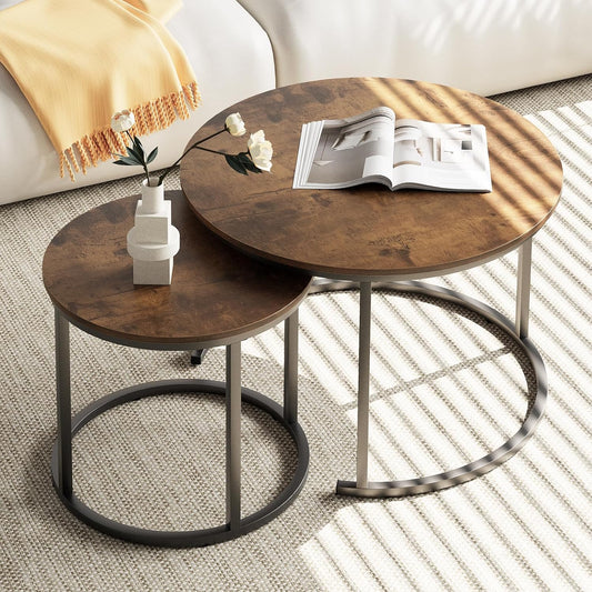 aboxoo Coffee Table Nesting Round Table Set of 2 Side Table with Sturdy Metal Frame for Living Room Bedroom Apartment Modern Industrial Simple Nightstand,Rustic Brown