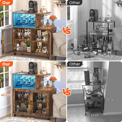 Wine Bar Cabinet with Wheels, Small Liquor Cabinet with LED Light, Home Bar Cart with Power Outlets, Coffee Bar with Wine Rack, Glasses Storage for Kitchen, Dining Room, Living Room, Vintage