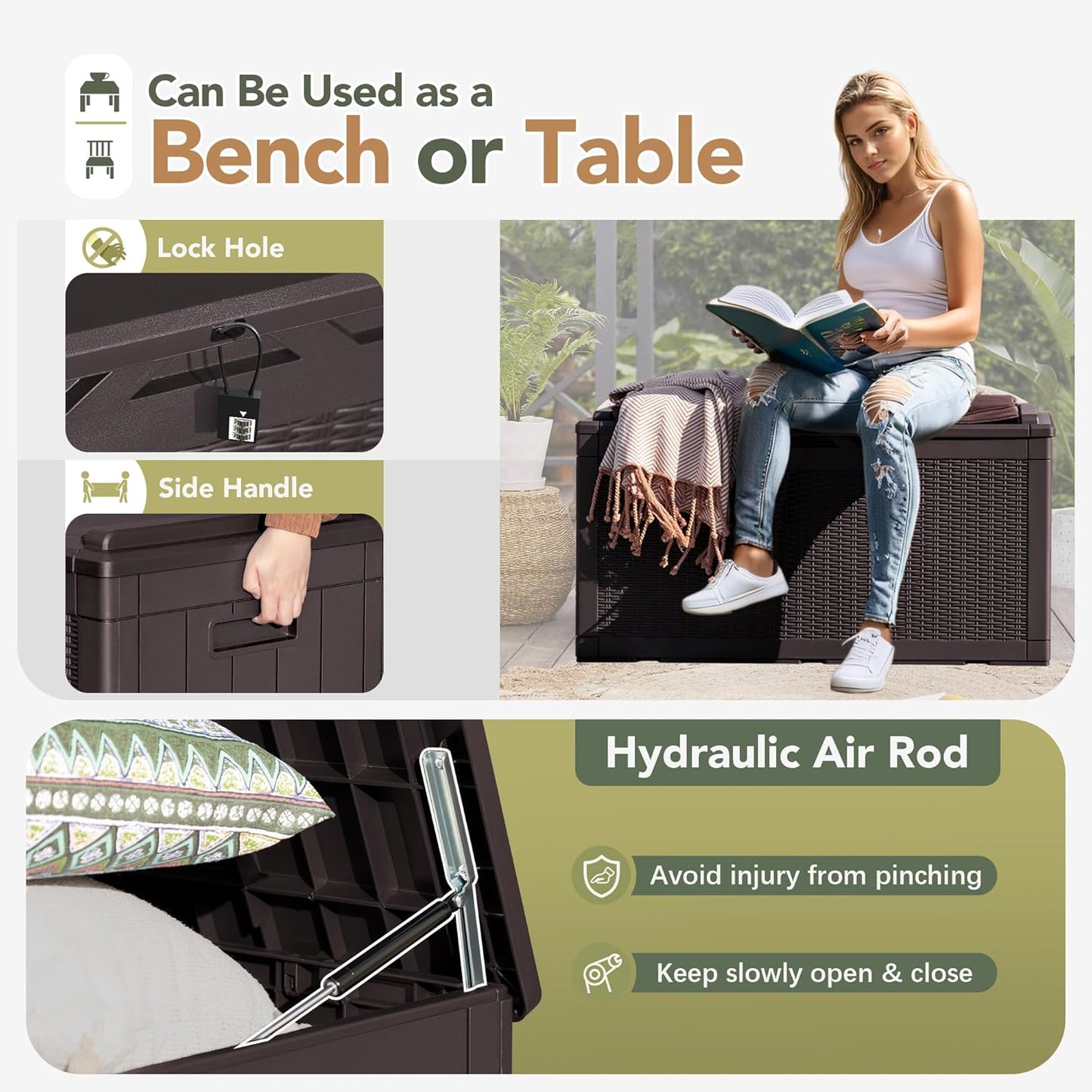 Flamaker Deck Box with Cushion 100 Gallon Waterproof Resin Storage Box with Air Rod Indoor Outdoor Lockable Storage Bench for Patio Furniture, Tools, Pool Accessories (Deep Brown)