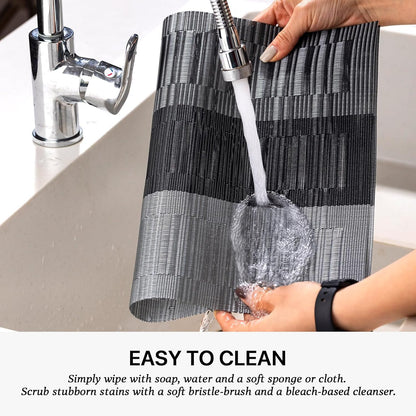 LEXMORE PlaceMats Set of 12 Vinyl/Plastic Woven Place Mats for Kitchen Table Indoor/Outdoor Washable PlaceMat Wipeable Dining Table Mats(Silver Gray Black)