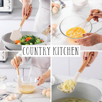 Country Kitchen Non Stick Silicone Utensil Set with Rounded Wood Handles for Cooking and Baking, 38 Piece Set, Khaki