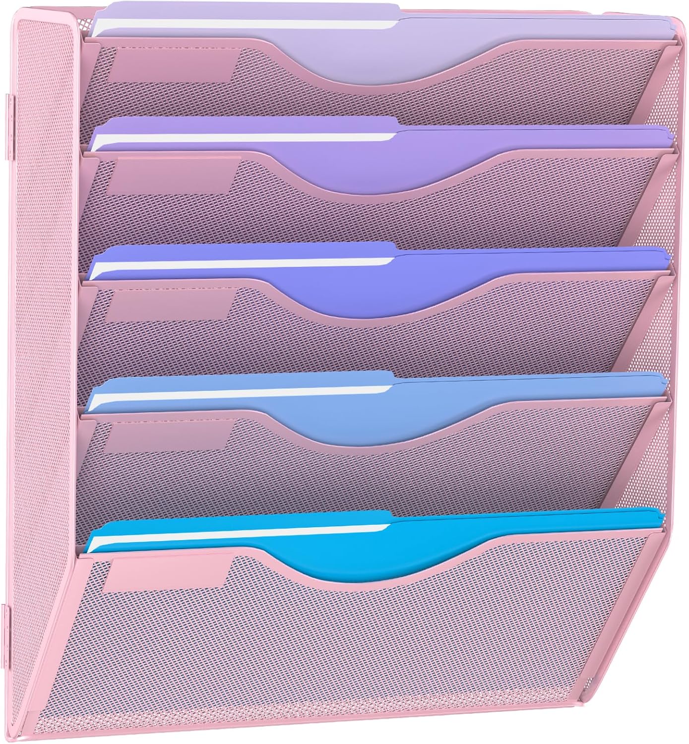 5 Tier Hanging Wall File Organizer, Mesh Mail Paper Orgnization Hanging File Folder Holder for Home Office, Pink