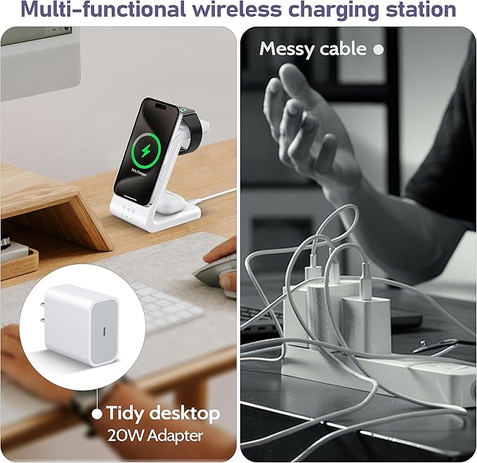 3 in 1 Wireless Charging Station: 5000mAh Removable Power Bank Charger Stand for Phone/Watch/Air Pods - Portable Magnetic Battery Pack for Air 17 16 15 14 13 12 Series White