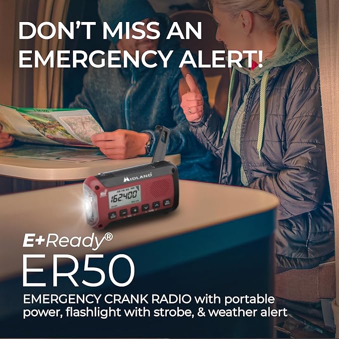 Midland ER50 Emergency Radio with Weather Alert and Flashlight - Hand Crank or Solar Power NOAA Weather Radio for Home or Travel with AM/FM Tuner