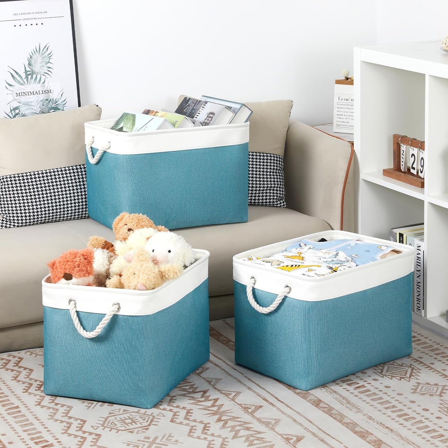 Bidtakay Large Storage Baskets for Shelves 3 Pack 16x11.8x11.8 Inch Storage Bins for Organizing Fabric Storage Cubes for Closet Clothes Basket Laundry-White&Teal