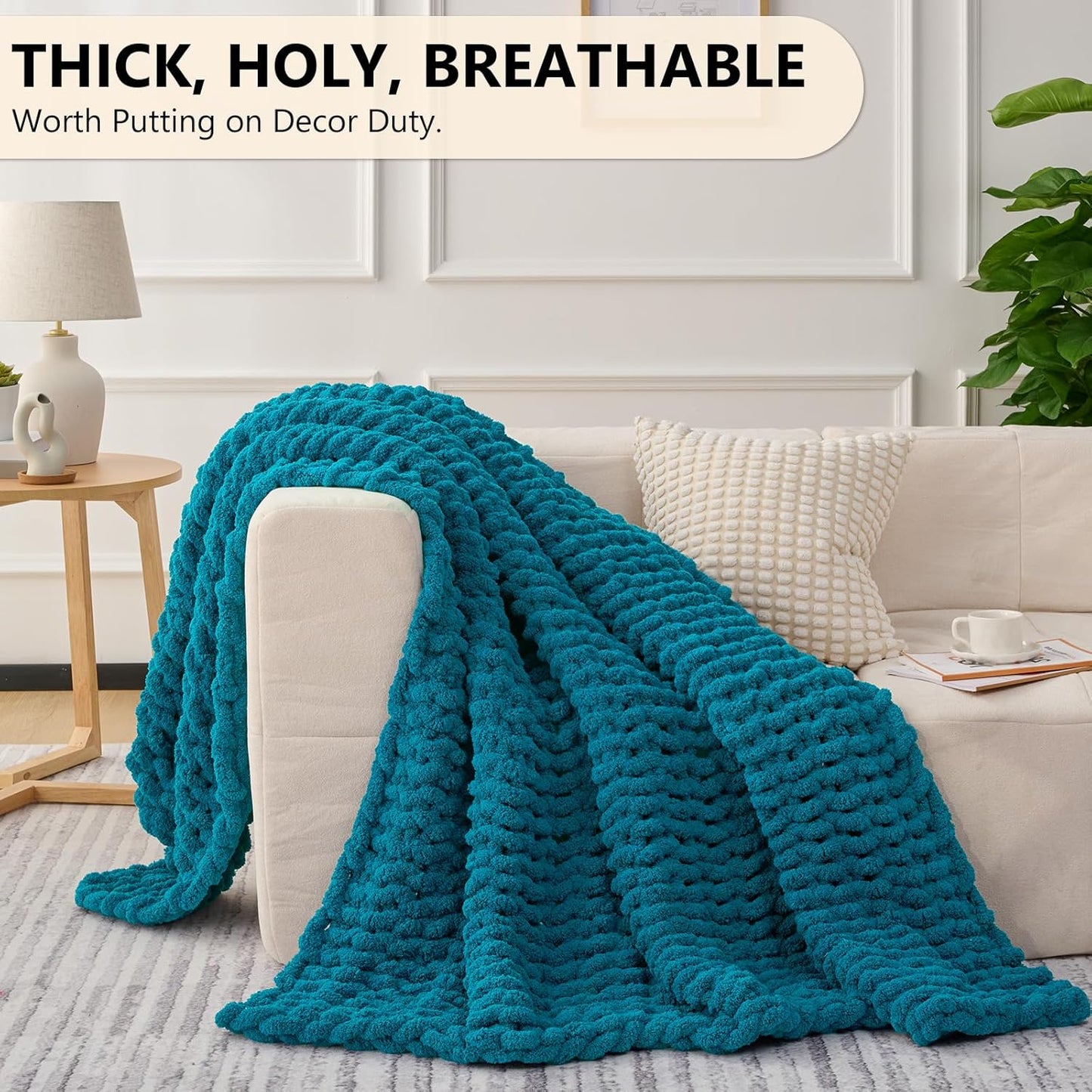 L'AGRATY Chunky Knit Blanket Throw: 50''x60'' Chenille Chunky Knitted Throw Blanket for Bed Couch - Handmade Thick Big Cable Knit Blanket - Large Crochet Rope Blanket for Home Decor(Teal)