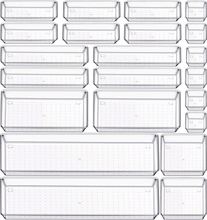 Criusia 22 Pcs Drawer Organizer Bins, Acrylic Non Slip Kitchen Drawer Organizers Storage Tray Divider, Multifunctional Storage for Cosmetics, Bathroom, Tools, Kitchen and Office