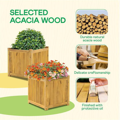 IDZO Set of 2 Acacia Wood Flower Planters for Outdoor Plants, Ergonomic Handles, Drainage Holes, Various Sizes, Ideal for Home Décor, Golden Teak