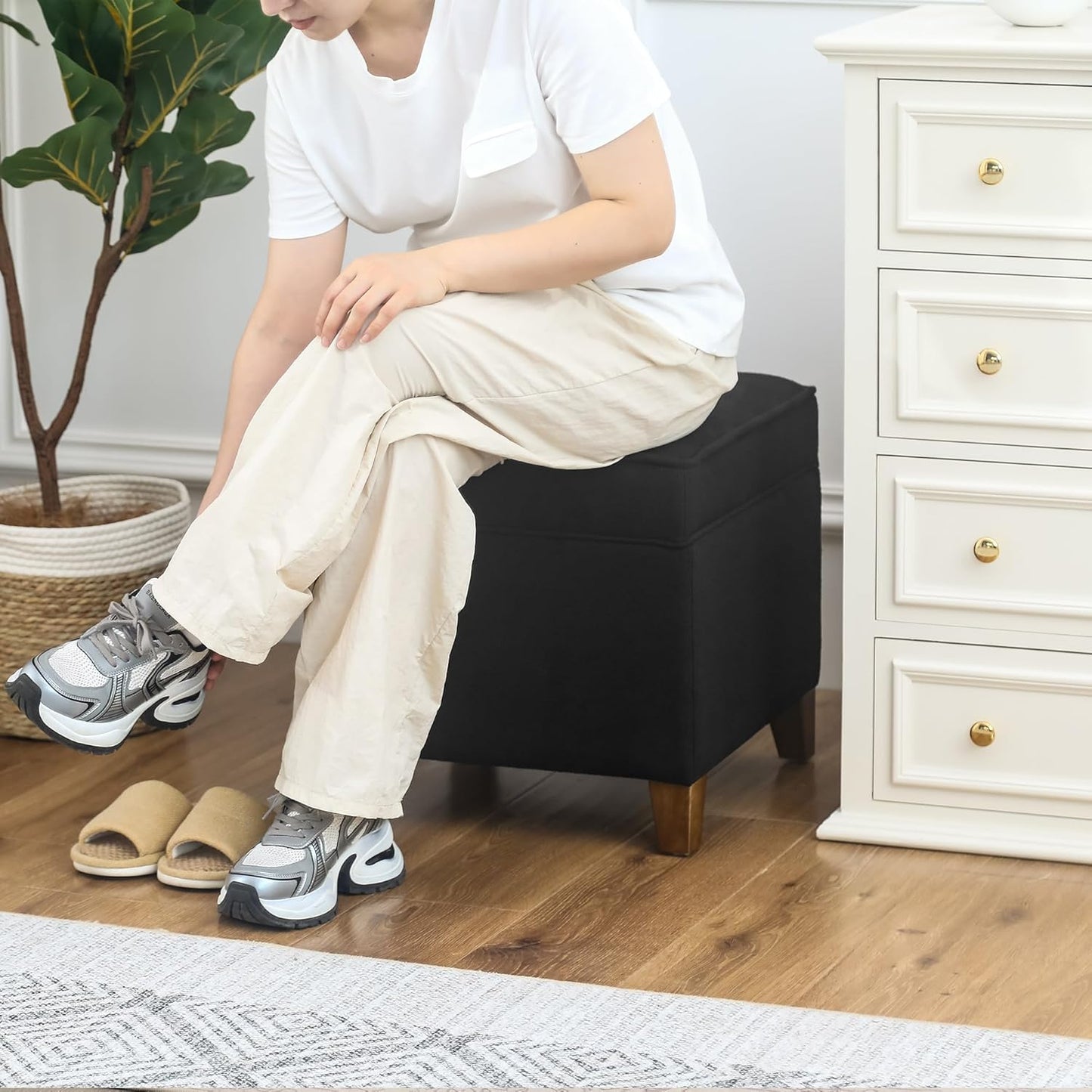 Adeco 17.5" Square Fabric Ottoman with Storage - Upholstered Cotton Linen Foot Rest - Flip Top Footstool with Sturdy Wood Legs, Small Cube Coffee Table Extra Seat for Living Room, Bedroom, Black