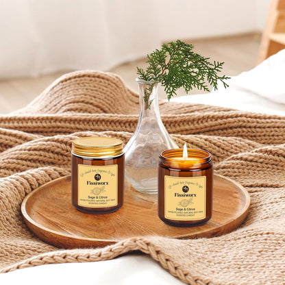 Sage & Citrus Scented Candle Set 2 Pack – Natural Soy Wax Hand-Poured – 60 Hour Long Lasting Burn – Relax and Relieve Stress – Premium Aromatherapy Candle for Home Decor, Gifts
