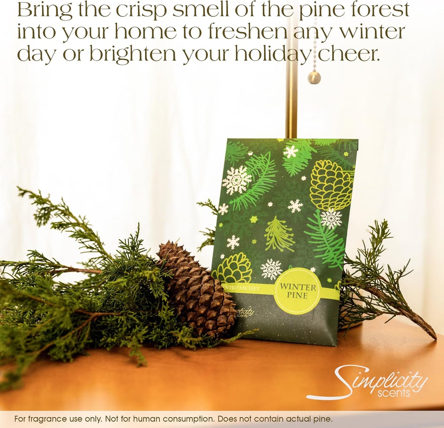 Simplicity Scents Winter Pine Scented Sachets Pack of 6, Fall & Winter - Long-Lasting Scented Bags, Home Fragrance, Air Freshener & Deodorizer for Closet, Room, Drawer, or Cars, Made in USA