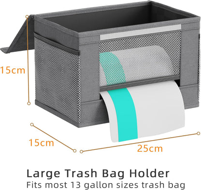 2 Pack Trash Bag Holder Dispenser, Oxford Cloth Garbage Bag Storage Organizer with Mesh Pockets, Foldable Kitchen Organizer Fits 13 Gallon Roll for Kitchen and Pantry（Small）