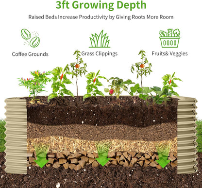 Land Guard 8x4x3ft Oval Galvanized Raised Garden Beds, Large-Capacity Metal Planter Box Outdoor, Durable Deep Raised Garden Bed 3ft Tall, Raised Beds for Gardening Vegetables, Cream Yellow