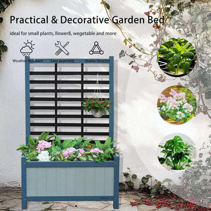 Wood Planter with Trellis Raised Garden Bed for Climbing Plants Elevated Wooden Planter Box,Outdoor Gardening Planting Bed to Grow Vegetables Climbing Plants Herbs Flowers (Blue)