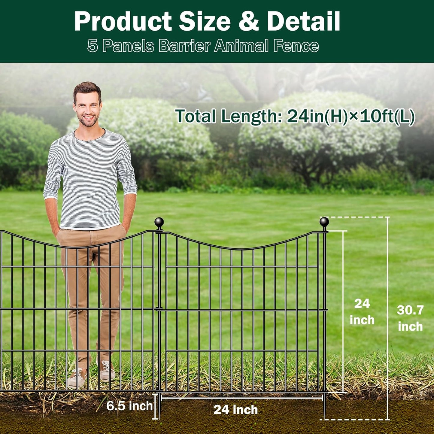 5 Panels No Dig Dog Fence Outdoor for Yard, 24 in(H) X 10 ft(L) Decorative Tall Garden Fence Animal Barrier, Rustproof Metal Wire Garden Edging and Borders, Temporary Fencing Stakes