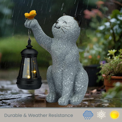 Solar Cat Garden Statue Outdoor Decor, Cat Sculpture with Lantern and Butterfly for Yard Lawn Patio Balcony, Birthday Housewarming Gifts for Mom, Grandma, Women, 9.4 inch, Resin