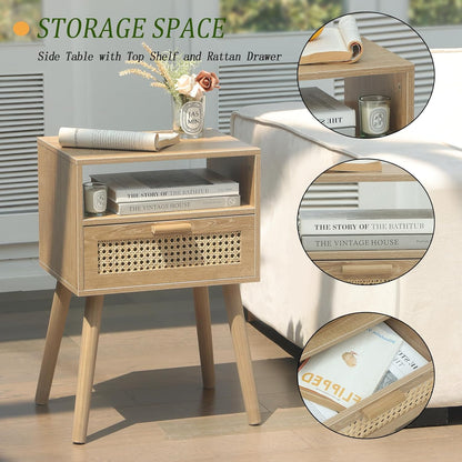 MaxSmeo Rattan Nightstand with Drawer, Mid Century Modern Wood Bedside Table for Living Room, Bedroom and Small Spaces (Rustic Walnut)