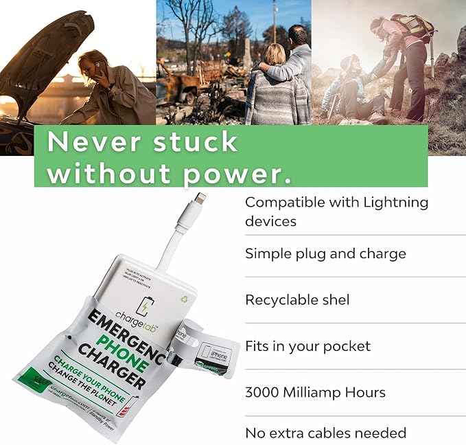 ChargeTab Emergency Portable Charger Compatible with iPhone—10 Pack Lightning Pre-Charged 3000mAh Power Packs, Slim & Lightweight with 2-Year Shelf Life, iPhone 14 and Older Models