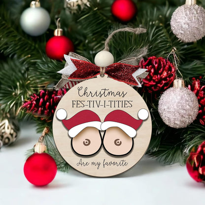 Funny Christmas Ornament – Adult Humor Naughty Holiday Gag Gift for White Elephant & Secret Santa, Wooden Round Tree Decoration with Festive Pun Quote, Hilarious Gift Exchange Ornament