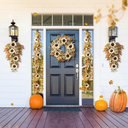 Glitzhome 24''D Artificial Fall Wreath for Front Door, Autumn Wreath with Sunflower, Pumpkin and Leaf, Metal Hanger for Farmhouse Indoor Outdoor Window Wall Door Decor