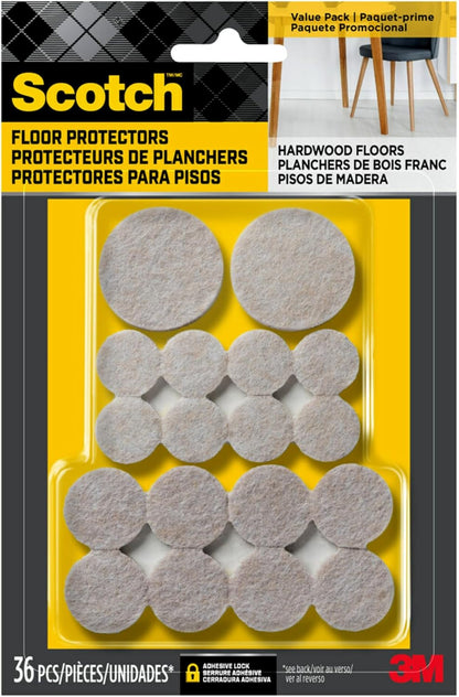 Scotch Felt Pads, Felt Furniture Pads for Protecting Hardwood Floors, Beige, Multi-Pack, 16-3/4 in., 16-1 in., 4-1.5 in., Round, 36 Pads Total