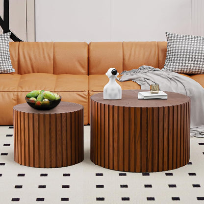 WXFKLDJ Round Nesting Coffee Table Set Cylindrical Wooden Coffee Table Sofa Center Table Circle Embossed Design Side Table for Living Room Apartment No Assembly (Striped Brown Large)