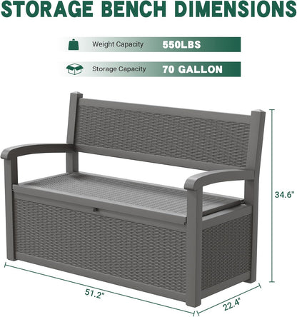 70 Gallon Outdoor Storage Bench Deck Box Lockable for Patio Furniture, Outdoor Porch Bench with Storage Waterproof for Cushions, Garden Tools and Pool Supplies, Grey