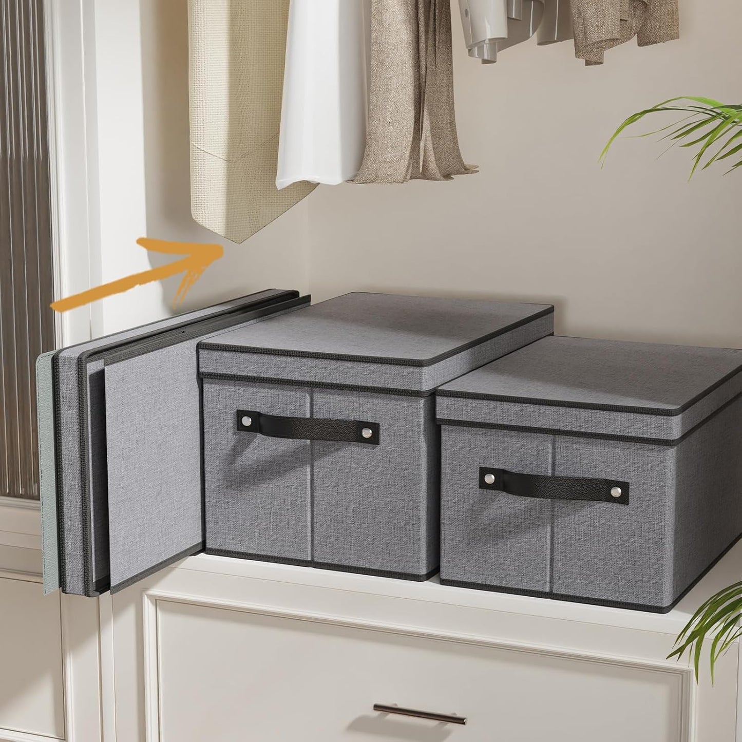 Storage Boxes, 15 x 9.8 x 8.3 Inch Baskets for Organizing with Lids, Fabric Bins with Handles, Decorative Linen Closet Organizers, Gray, 3 Pack