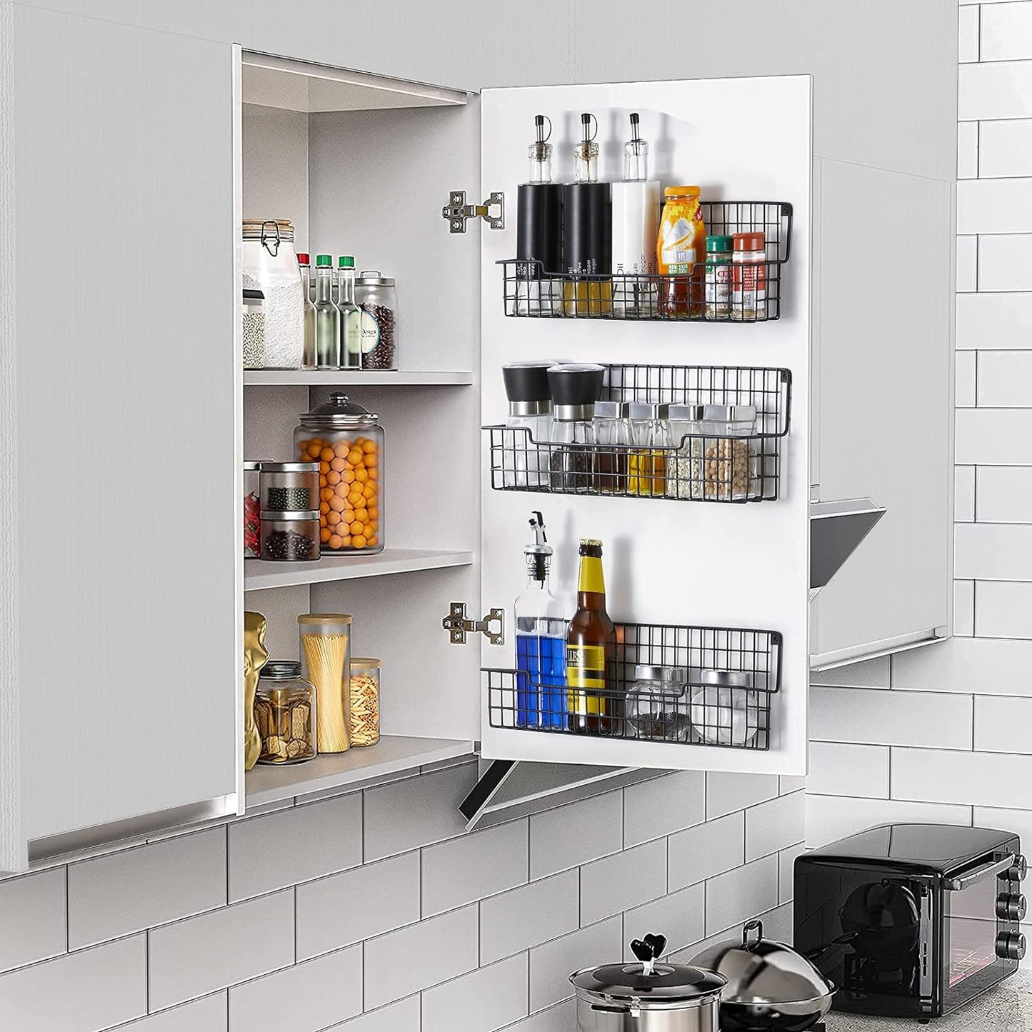 Spice Rack Wall Mount, Spice Organizer for Cabinet & Pantry Door, Set of 4 Hanging Spice Rack Saving Space for Kitchen, Black