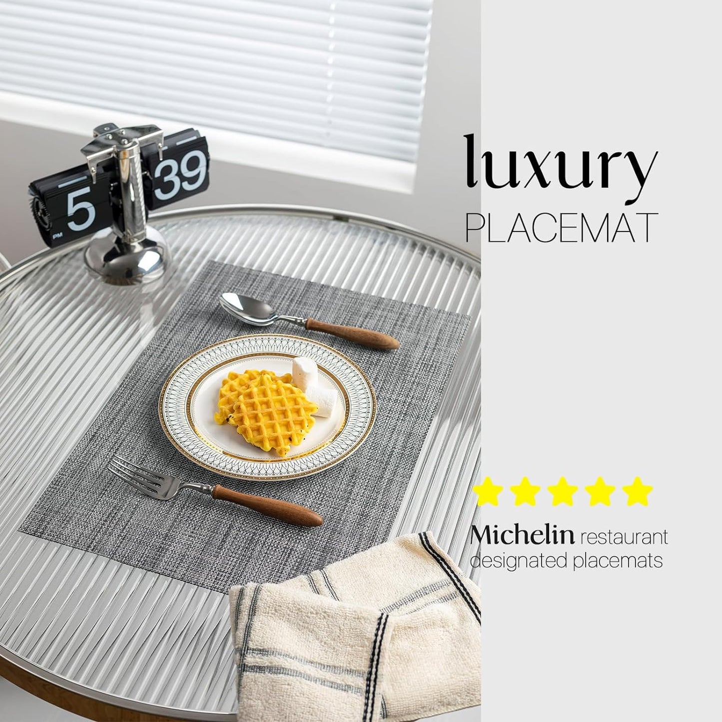 LEXMORE Placemats Set of 6 Vinyl/Plastic Woven Place Mats for Kitchen Table Indoor/Outdoor Washable Placemat Wipeable Dining Table Mats(Dark Gray)