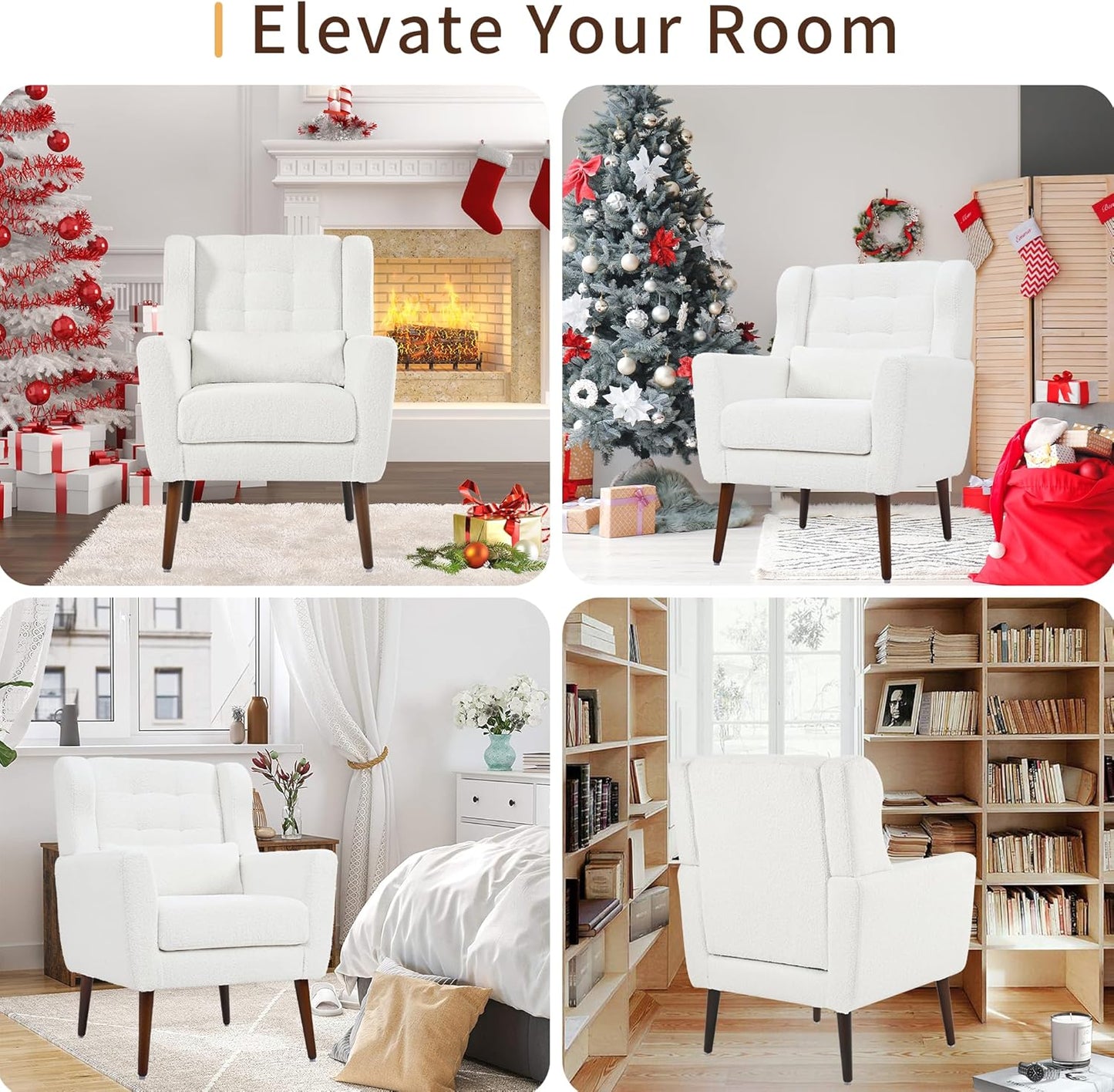 Modern Accent Chair, Upholstered Armchair with Pillow, Teddy Single Sofa Chair with Lounge Seat and Wood Legs Accent Chair for Living Room Bedroom Small Spaces