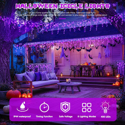 JMEXSUSS Purple Halloween Icicle Lights, 38.8 FT 400 LED Icicle Light Outdoor Waterproof, 8 Modes Purple Halloween Lights with 80 Drops Plug in for House Christmas Party Decorations