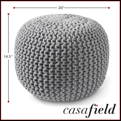Casafield Round Pouf Ottoman, Light Gray - 20" Diameter x 14.5" High Cotton Knit Foot Stool - Boho Floor Pouffe for Living Room, Bedroom, Home Office