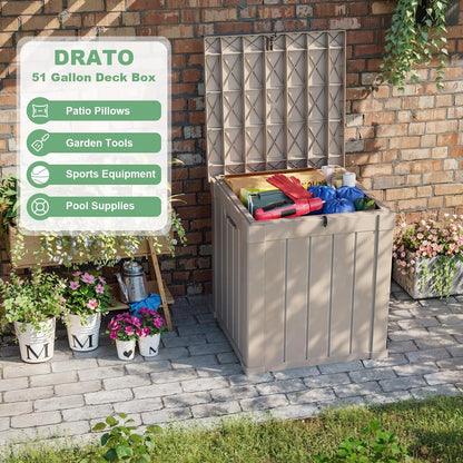 DRATO 50 Gallon Deck Box, Outdoor Storage Box for Patio Cushion, Sports Equipment, Garden Tools, Waterproof Patio Storage box, Lockable (Light Brown)