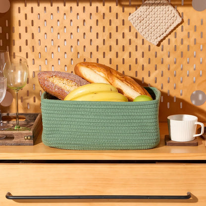 Small Storage Baskets for Organizing | Closet Organizer Bins | Shelf Toy Basket | Woven Rope Baskets | Cube Decorative Box | Shallow Basket | 13x8.5x5.1” | 4 Packs Green