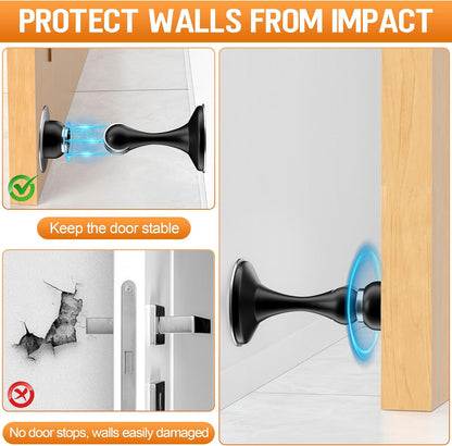 Crosize Magnetic Door Stoppers 4 Pack, Stainless Steel Door Catch for Wall and Floor Mounting, Door Holder Keep Door Open, No Drilling Door Stop with Adhesive Tapes, Black