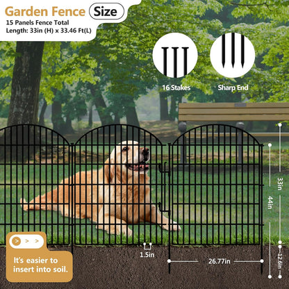 15 Panels No Dig Decorative Garden Fence with Lock, 33in (H) X 33.46ft (L) Dog Fences Outdoor for Yard, Rustproof Tall Metal Animal Barrier Border for Rabbits, Patio, Temporary Outdoor Use