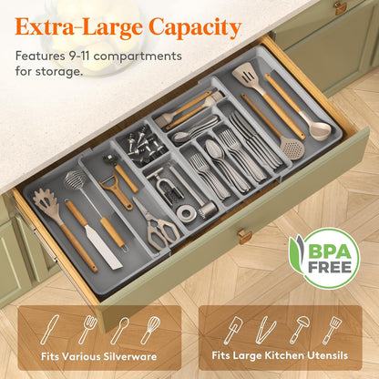 Lifewit Large Silverware Drawer Organizer, Plastic Cooking Utensil Tray for Kitchen, Expandable From 21 to 36 Inches, Adjustable Flatware Cutlery Spoon Fork Knife Spatula Gadgets Holder, Gray