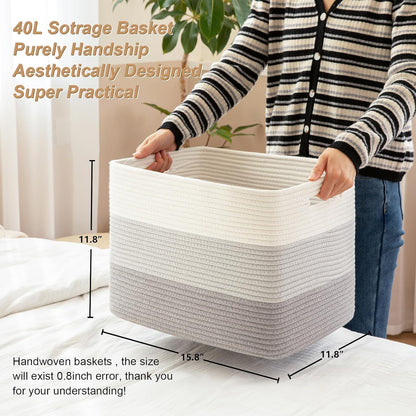 Storage Baskets for Organizing, 2 Pack Woven Basket for Storage, Rectangle Baskets for Shelves Closet Organizers, Toy Basket for Nursery Storage Living Room, Laundry Room, Bedroom (Gradient Grey)