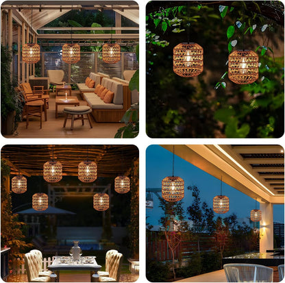 Livinlarge Solar Pendant Light Outdoor,Chandelier Hanging Lantern with Edison Bulb,Boho Solar Powered Lamps IP44 Waterproof for Gazebo Tree Porch Yard Porch Patio Garden Backyard Decorative