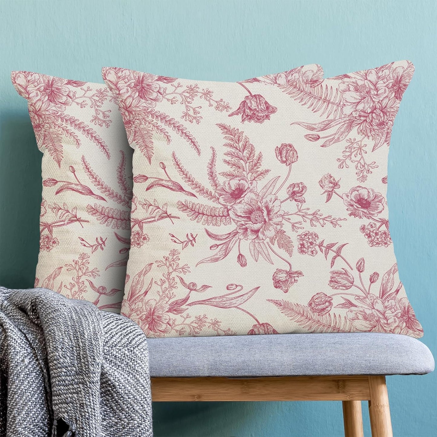 CXMEIFLY Hot Pink Spring Pillow Covers 18 x 18 Inch Set of 2 for Chinoiserie Flowers Decor Throw Pillows Floral Leaves Seasonal Plant Outdoor Decorative Cushion Cases for Couch Bed Decorations