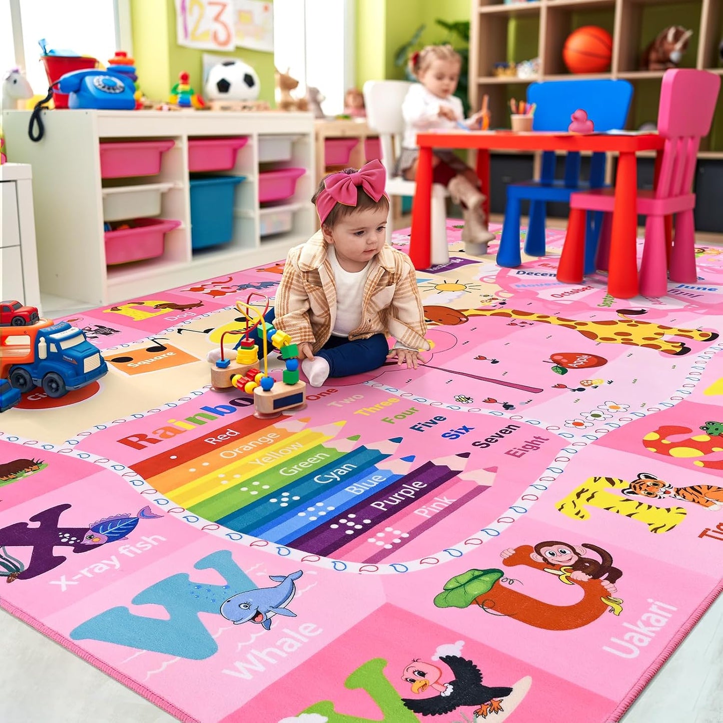 Kids Rugs for Playroom Bedroom Classroom Nursery, Non-Slip and Washable Rugs for Children Toddlers Girls, Educational and Fun Rug Carpets with ABC Alphabet Animals Shapes, 7x10, Pink