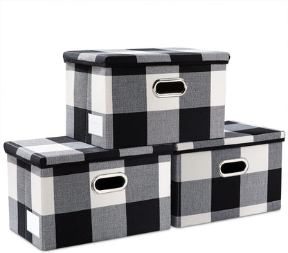 PRANDOM Collapsible Storage Bin with Lid [3-Pack] Fabric Foldable Storage Box Organizer Container Basket Cube with Cover for Home Bedroom Closet Office Nursery Black and White Grid(14.9x9.8x9.8)